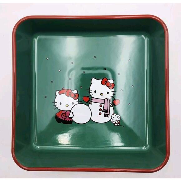 Sanrio Hello Kitty Christmas Snowman Square Baking Dish 9" Ceramic Green and Red - Picture 3 of 10